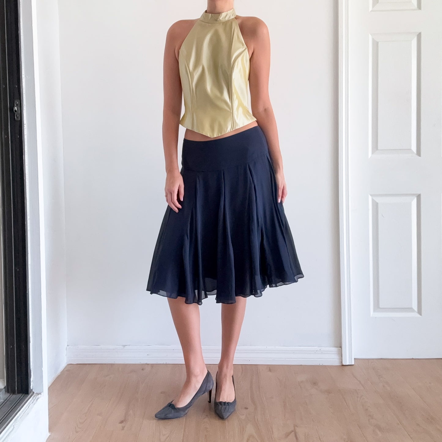 Y2K Navy Silk Midi Skirt / SZ M