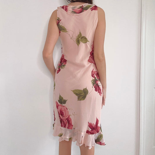 90's Baby Pink Floral Rayon Midi Dress / SZ S