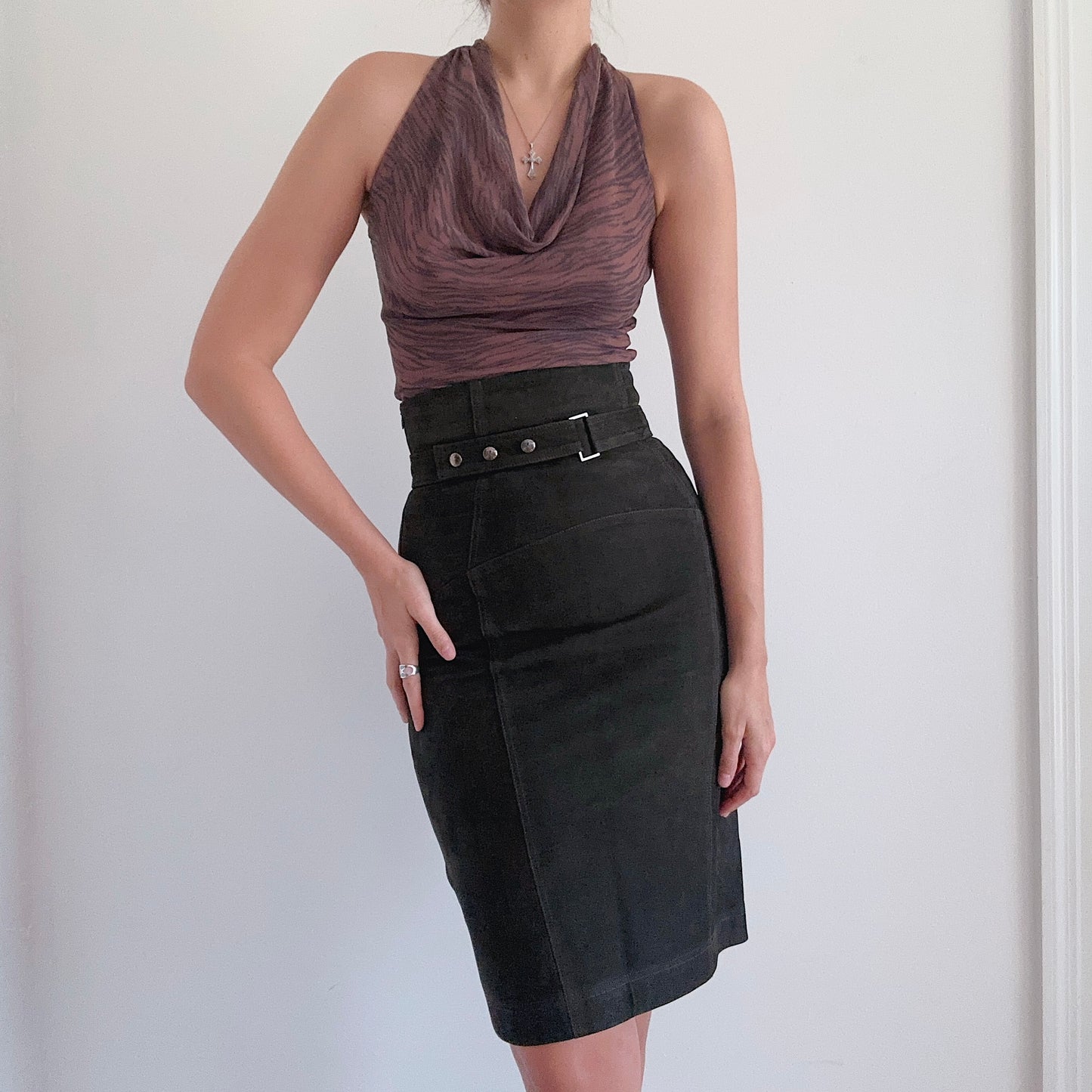 Y2K Patrizia Pepe Dark Green Suede Pencil Skirt / SZ 4