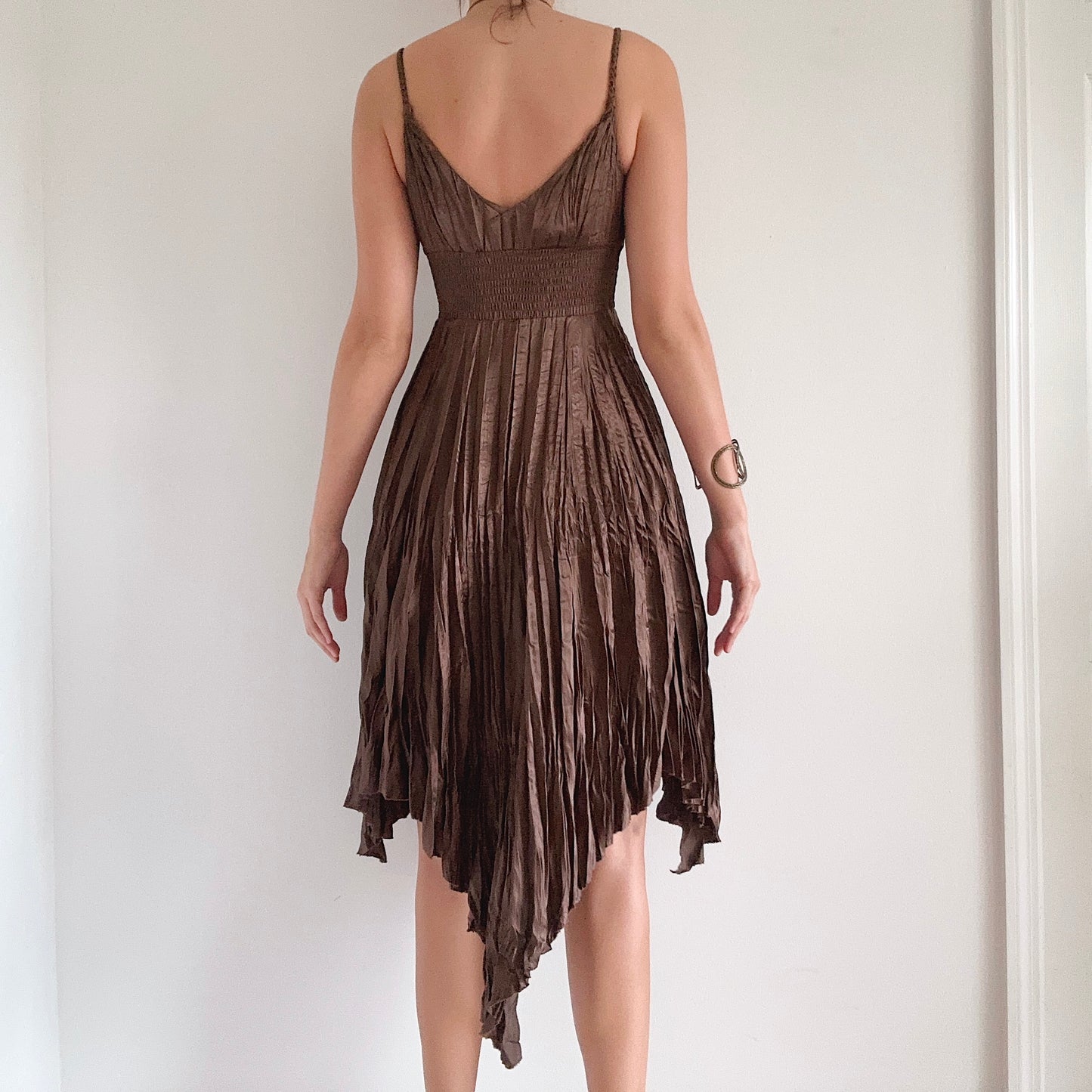 Y2K Brown Crinkle Pleat Midi Dress / SZ XS/S