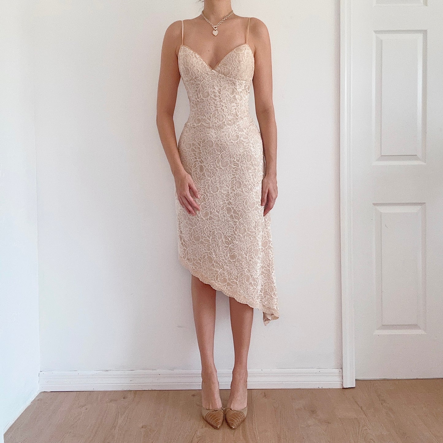 Y2K Champagne Lace Asymmetric Dress / SZ 6