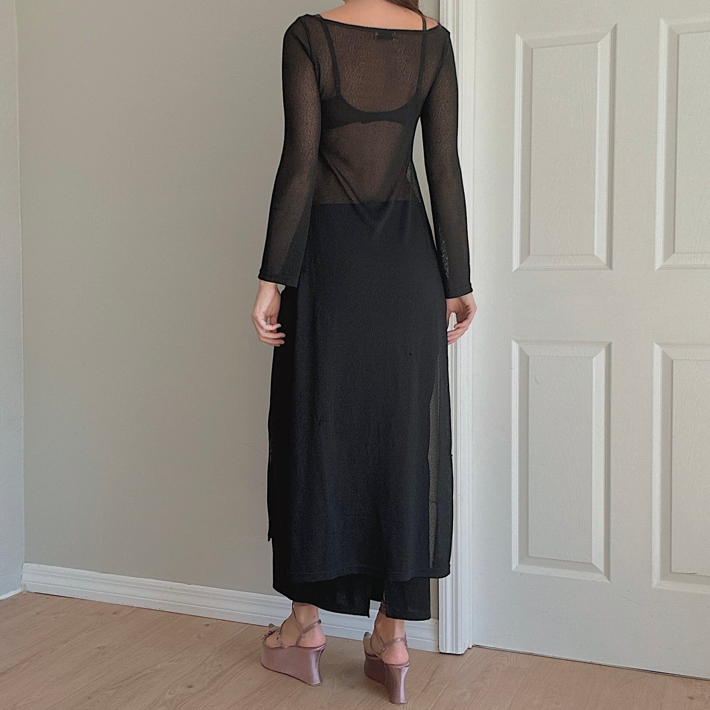 90's Black Knit Sheer Slit Dress / SZ S/M