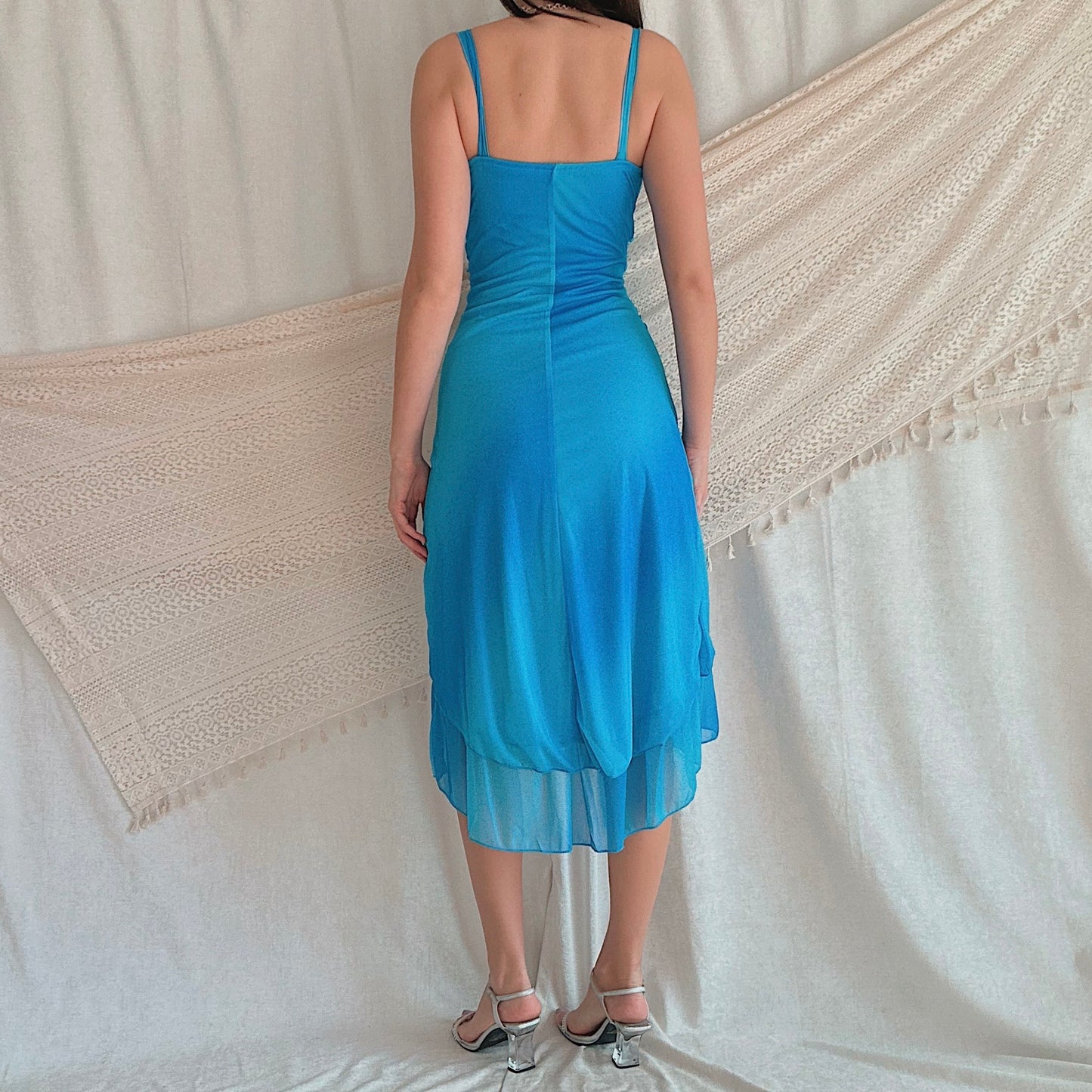 Y2K Blue Sparkle Ruched Midi Dress / SZ S/M