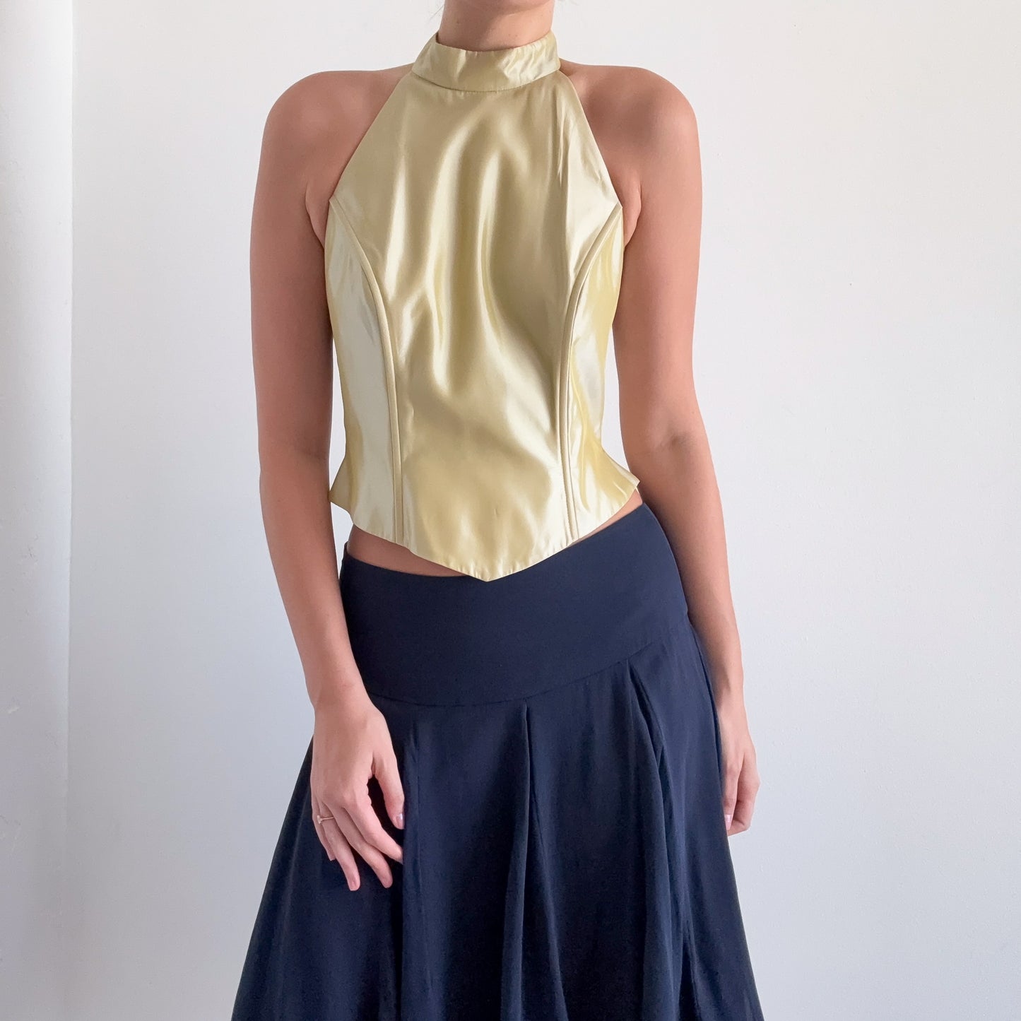 90's Tea Green Taffeta High Neck Top / SZ 8