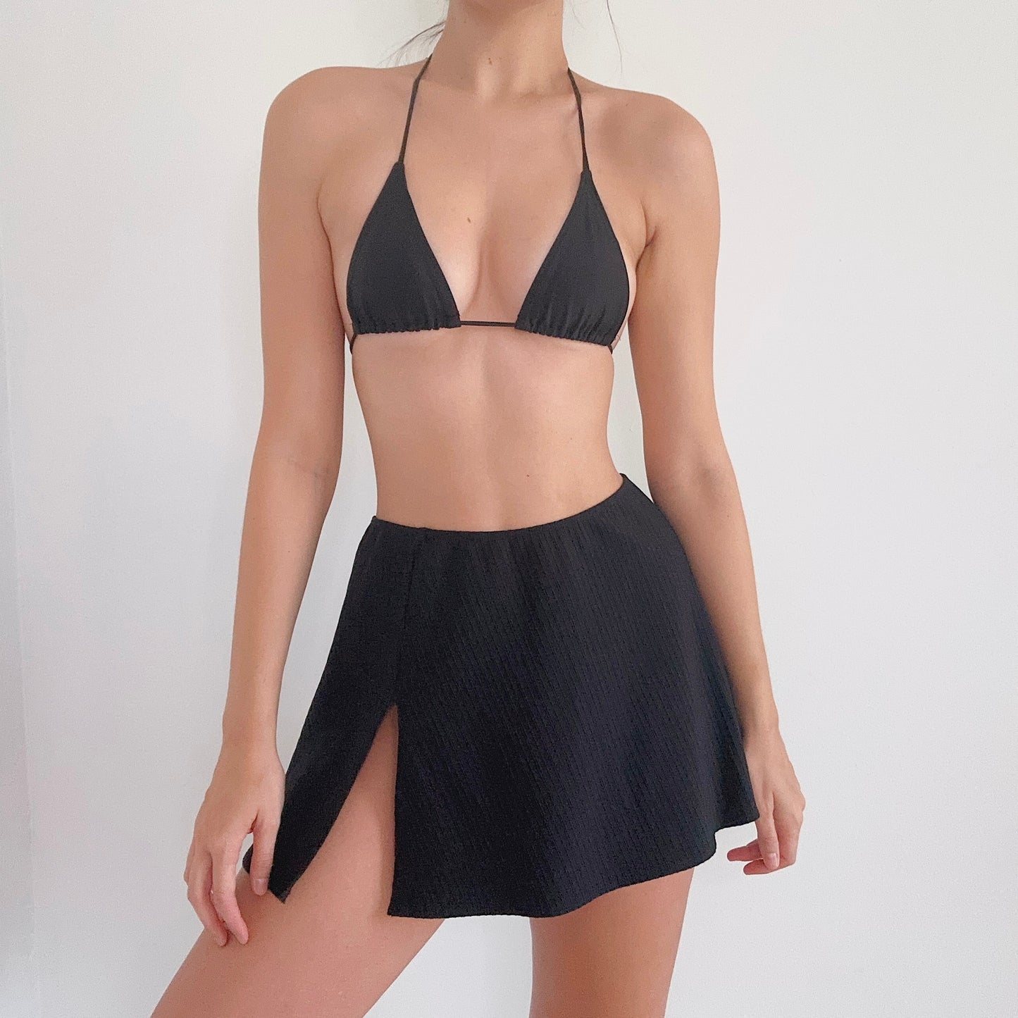 90's Black Slit Mini Swim Skirt / SZ M-L