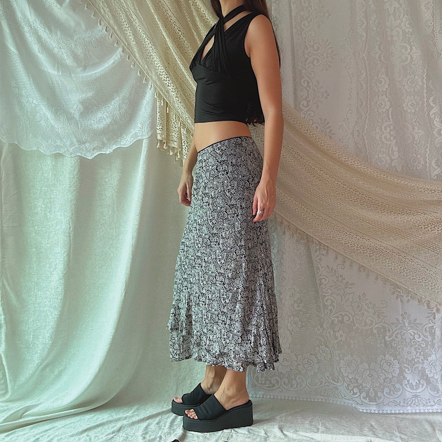 Y2K B&W Printed Rayon Maxi Skirt / SZ M/L