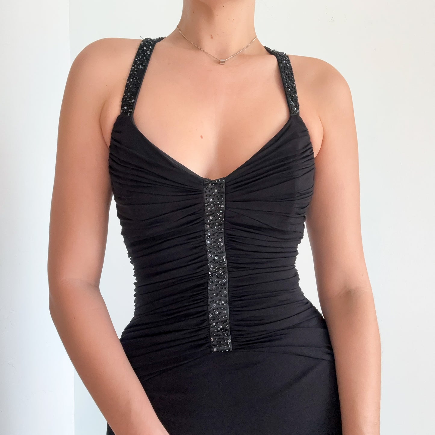 Y2K Laundry Black Beaded Ruched Dress / SZ S