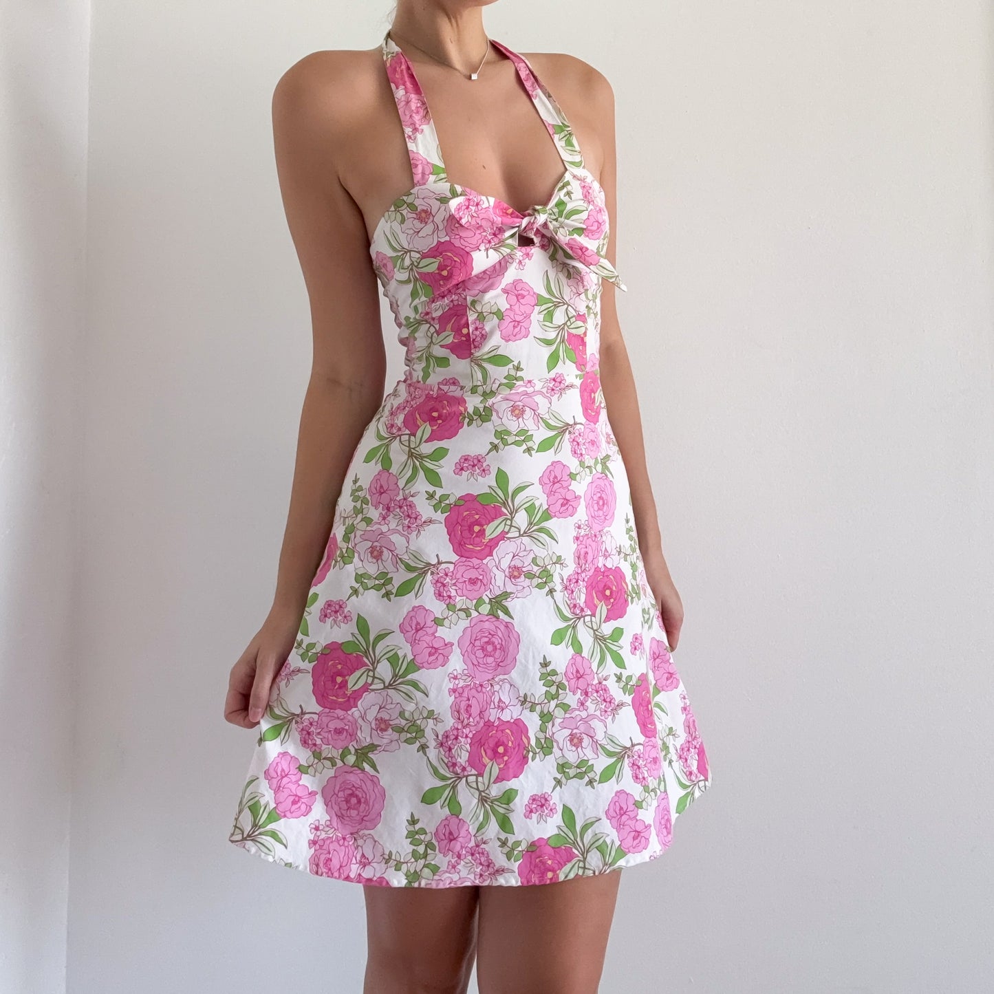 Y2K Pink & Green Floral Halter Dress / SZ S