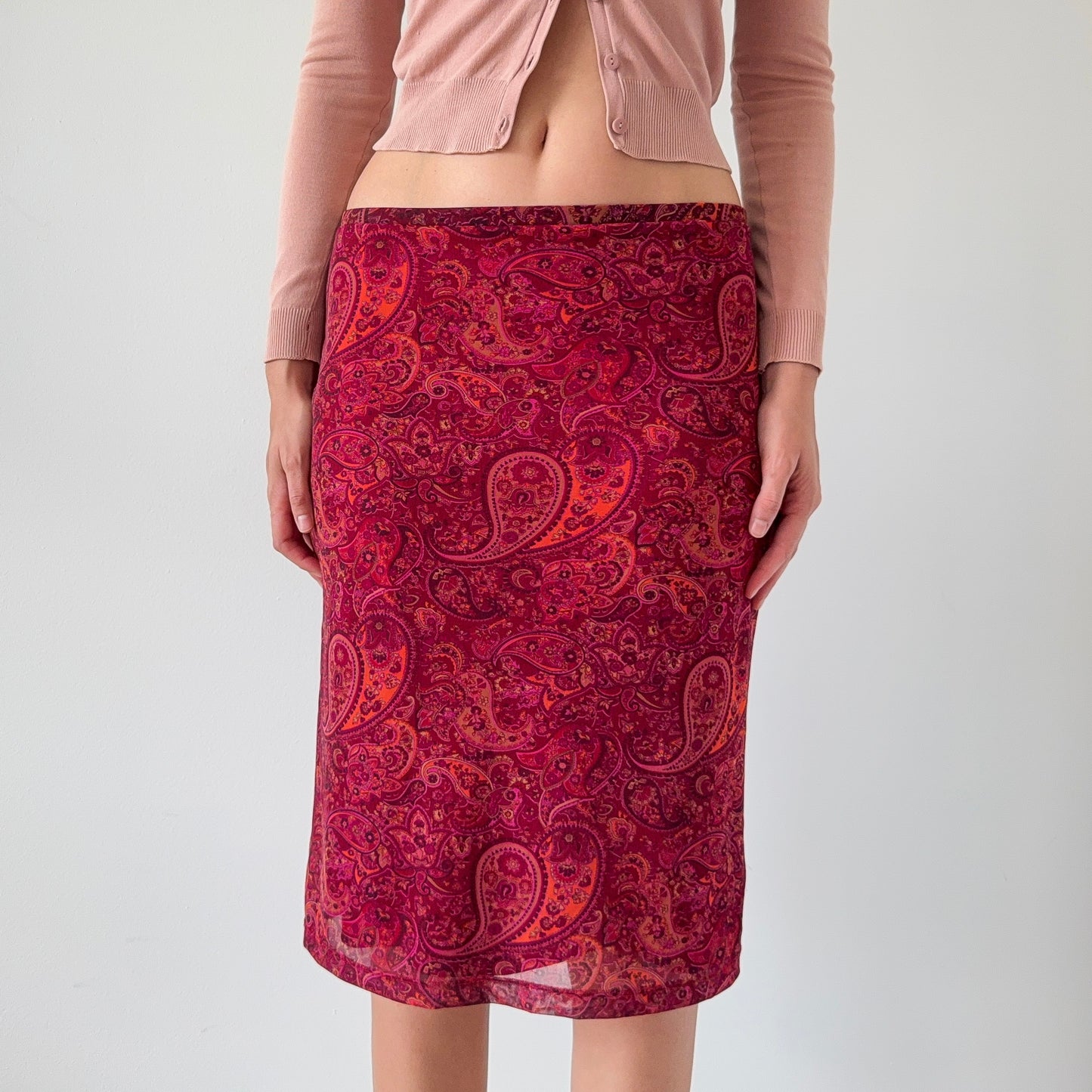 Y2K Magenta Paisley Mesh Midi Skirt / SZ M