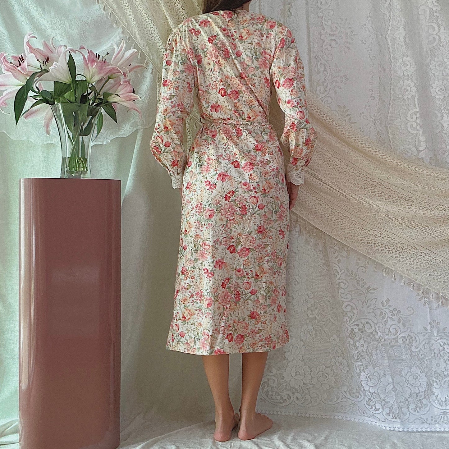 80's Cream & Pink Floral Cotton Robe / One Size