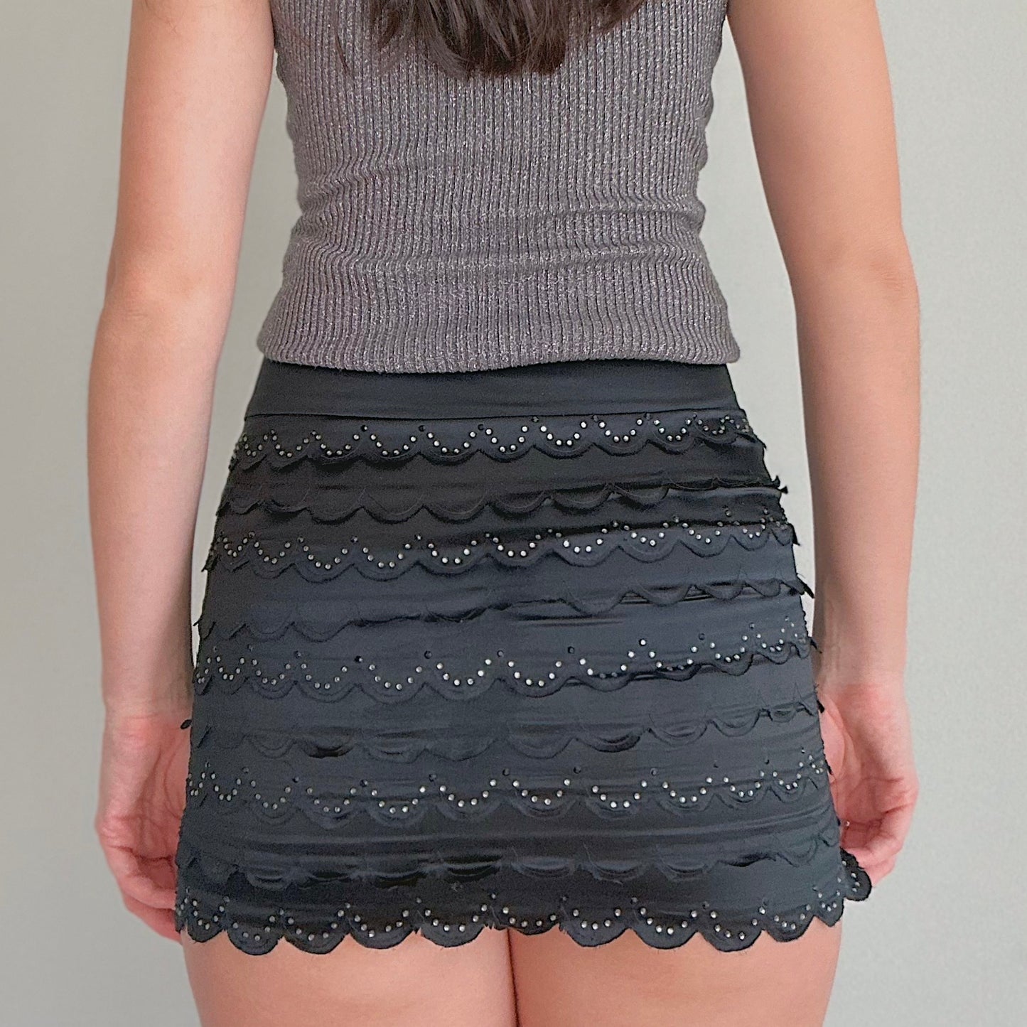 Y2K Bebe Black Silk Bedazzled Mini Skirt / SZ XS