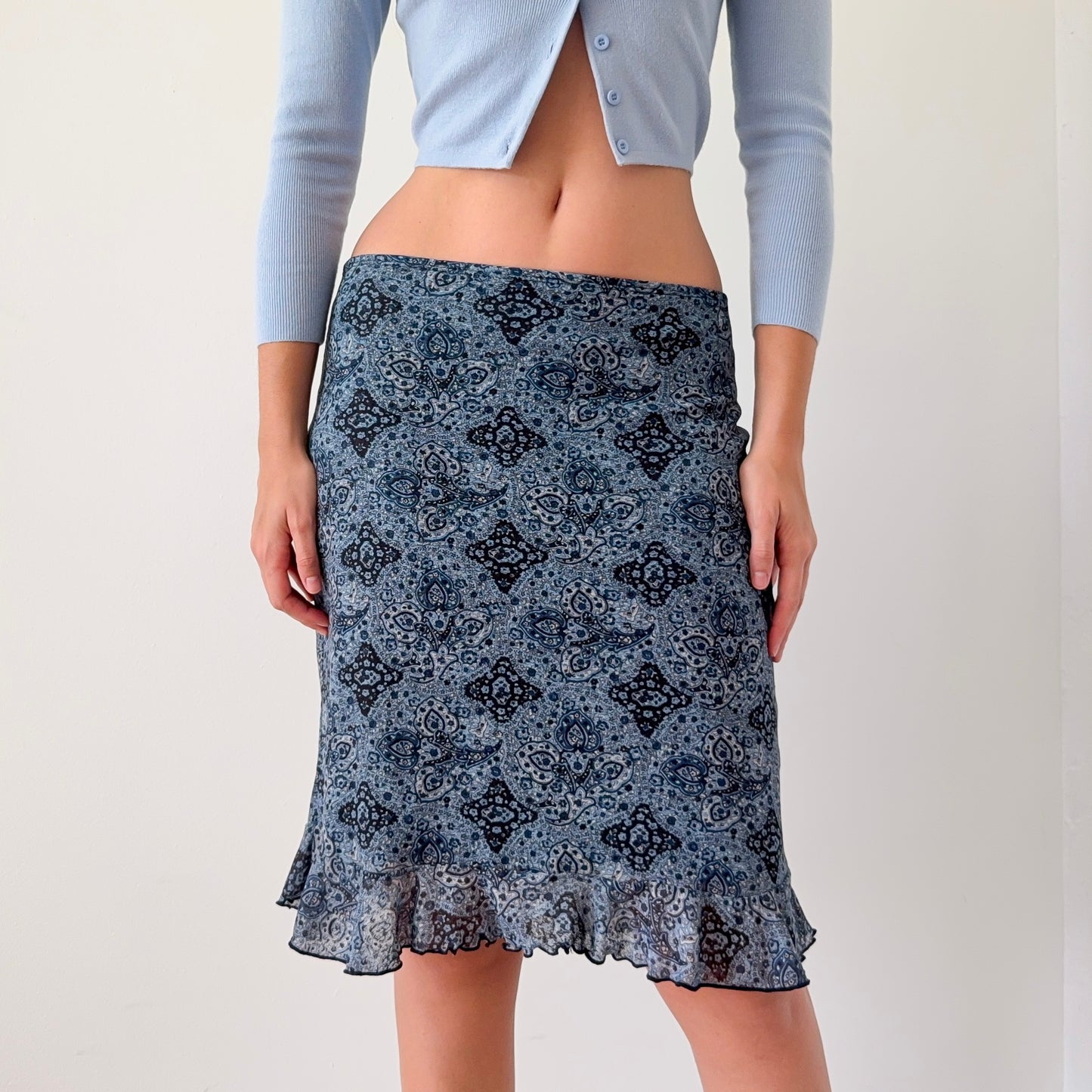 Y2K Stone Blue Paisley Mesh Midi Skirt / SZ M