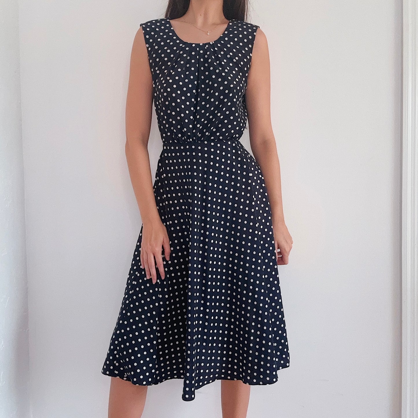 80's Navy Polka Dot Midi Dress / SZ S