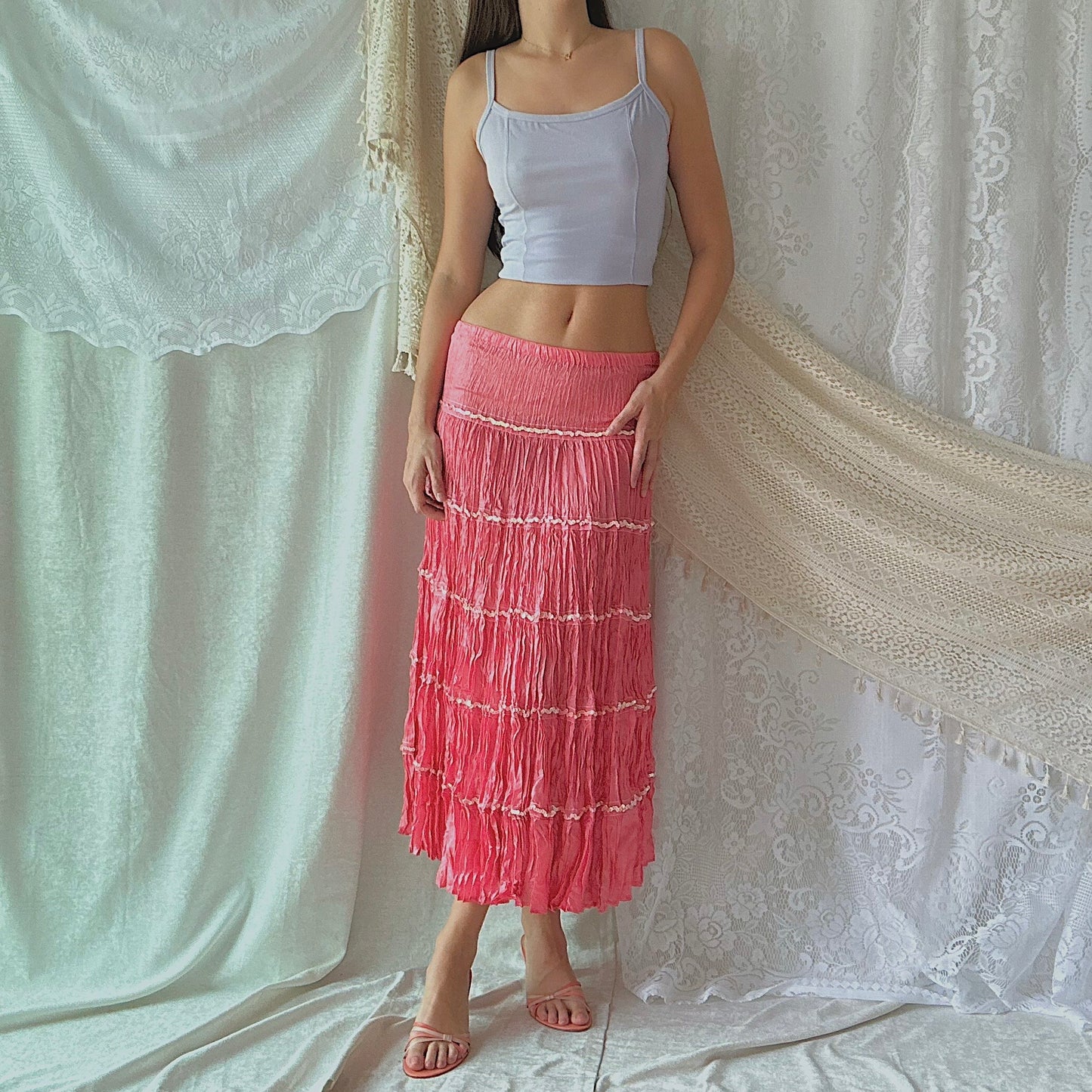 Y2K Hot Pink Crinkle Pleat Maxi Skirt / SZ S-M