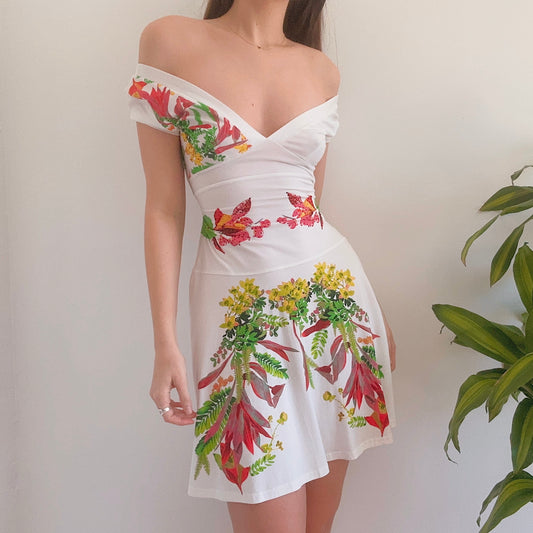 Italian White Tropical Floral Dress / SZ S/M