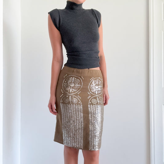 Y2K Olive & Silver Sequin Linen Pencil Skirt / SZ 6