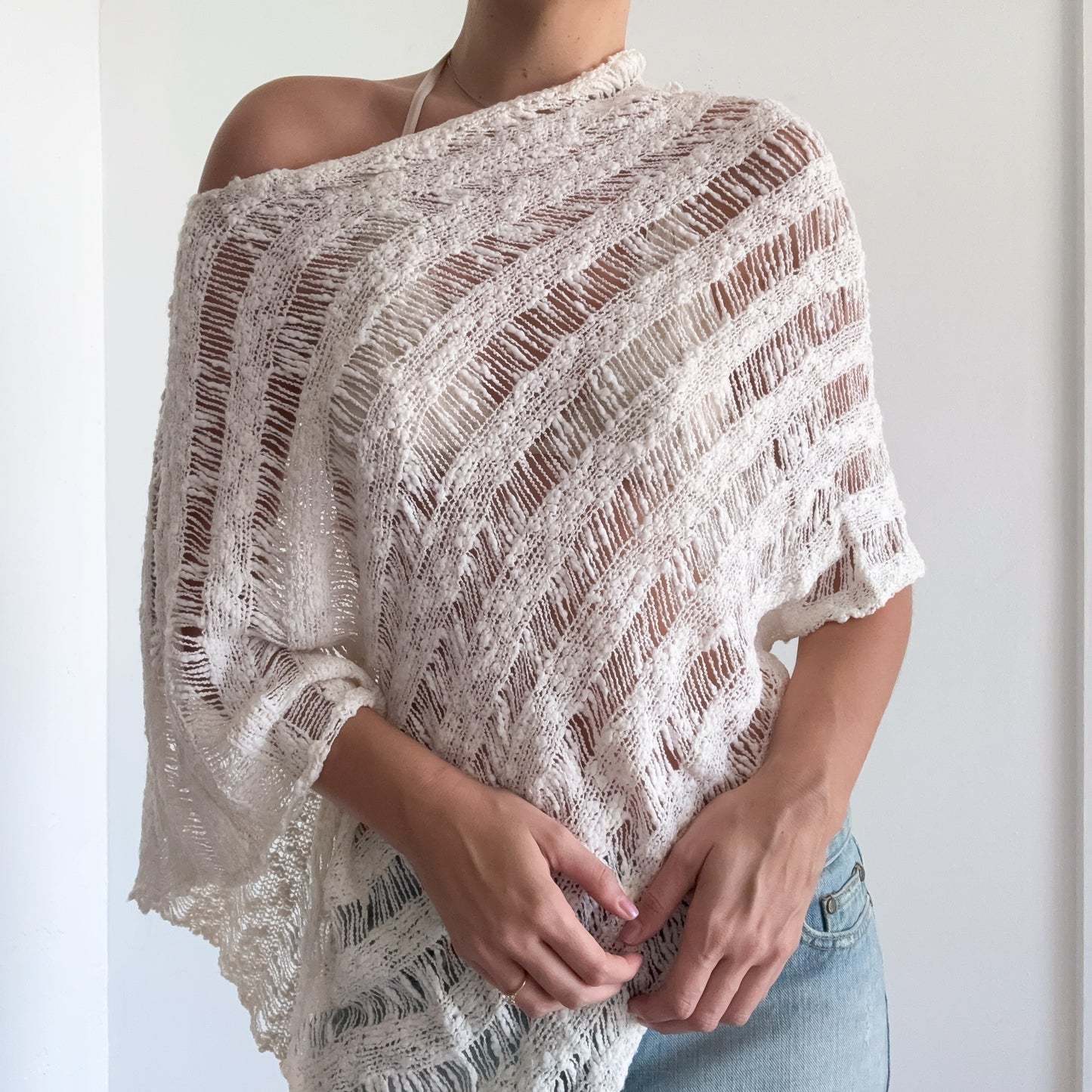 Y2K Ivory Knitted Poncho / One Size