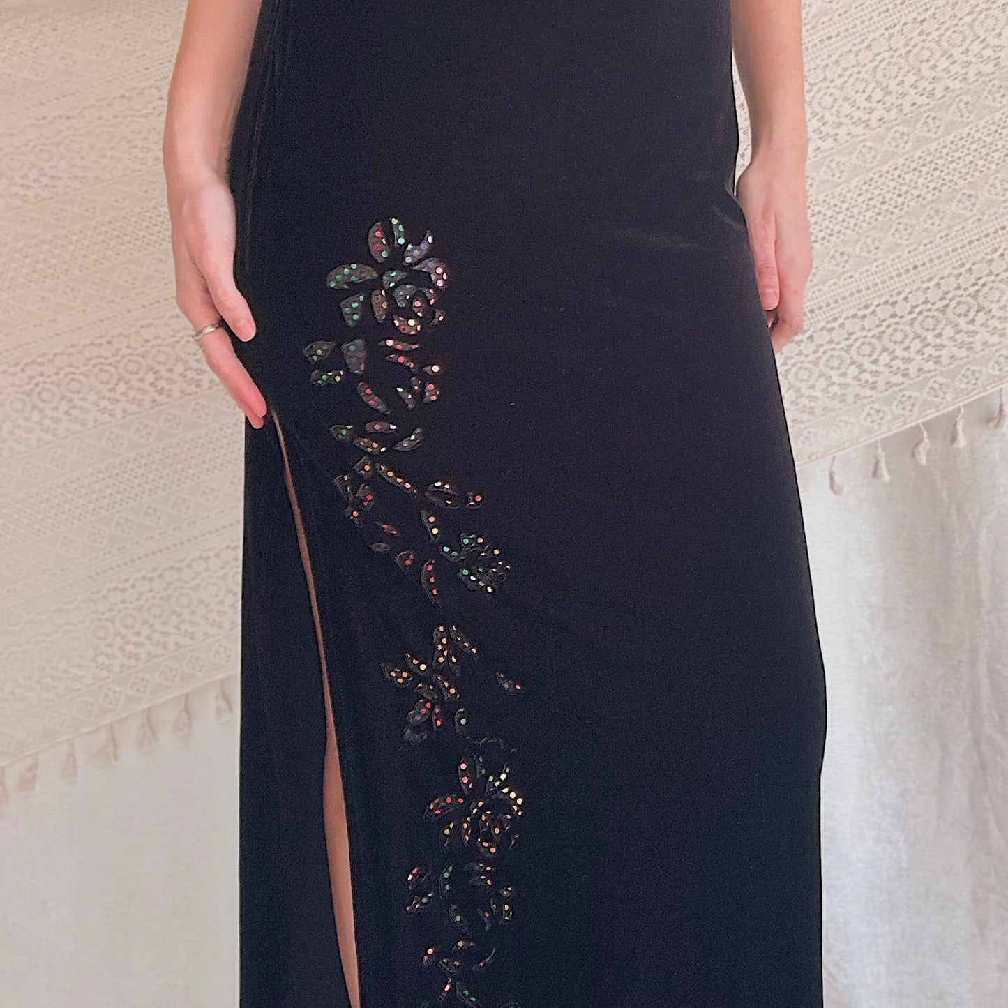 90's Black Velvet Floral Cutout Maxi Dress / SZ M