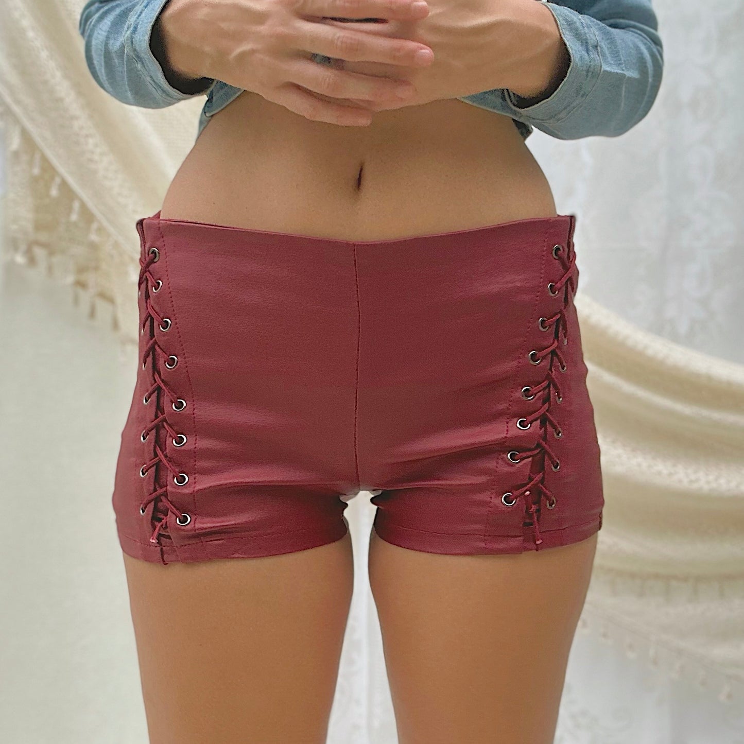 Y2K Burgundy Lace Up Mini Shorts / SZ M