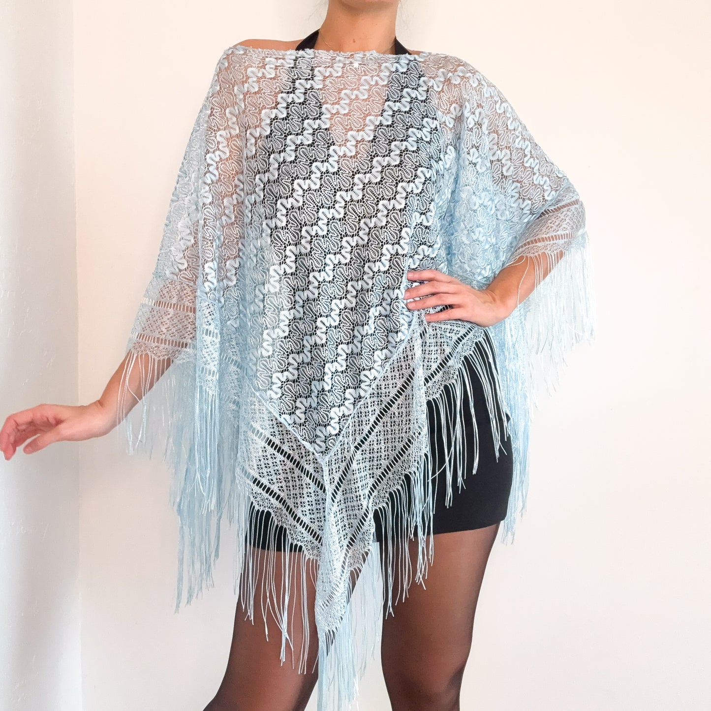 Y2K Sky Blue Lace Fringe Poncho / One Size