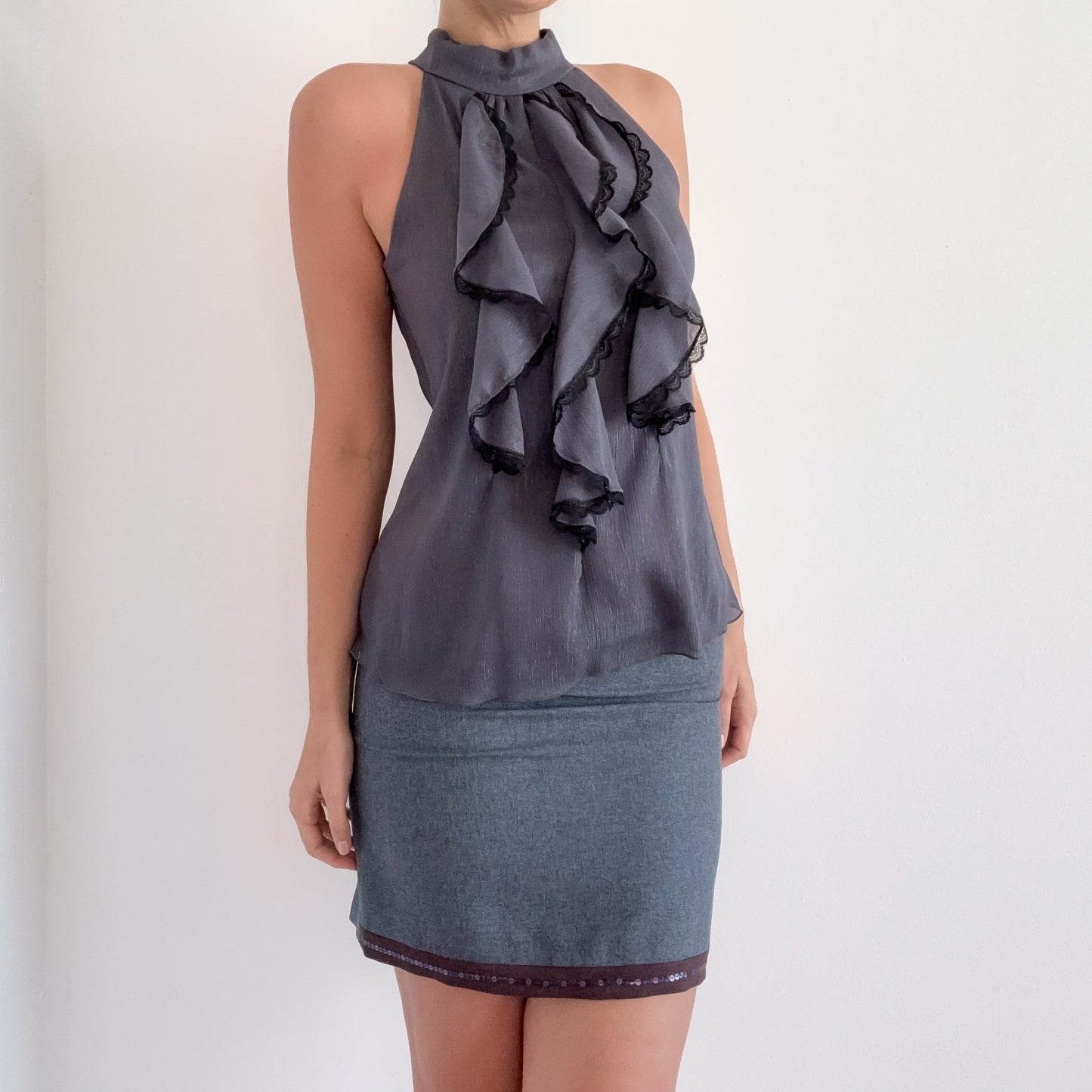 Y2K Grey Metallic Ruffle Lace Blouse / SZ M