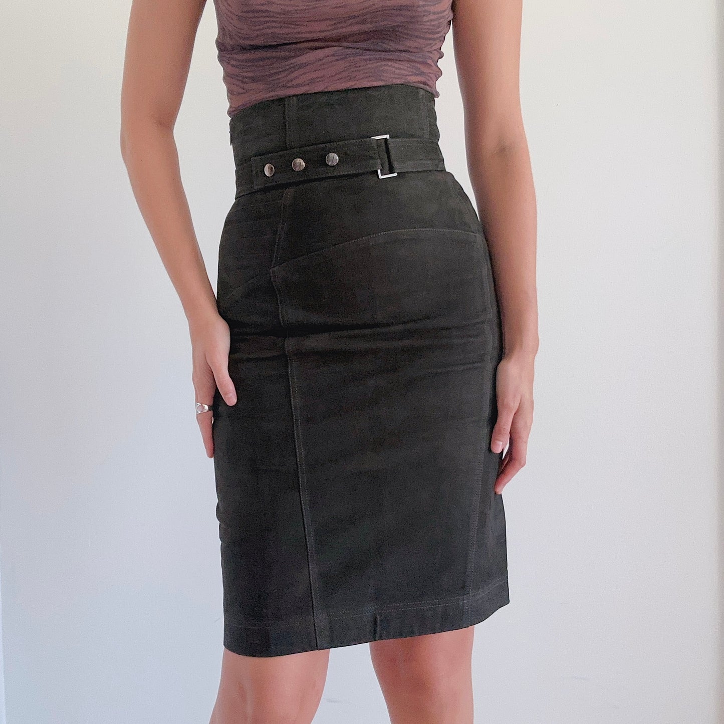 Y2K Patrizia Pepe Dark Green Suede Pencil Skirt / SZ 4