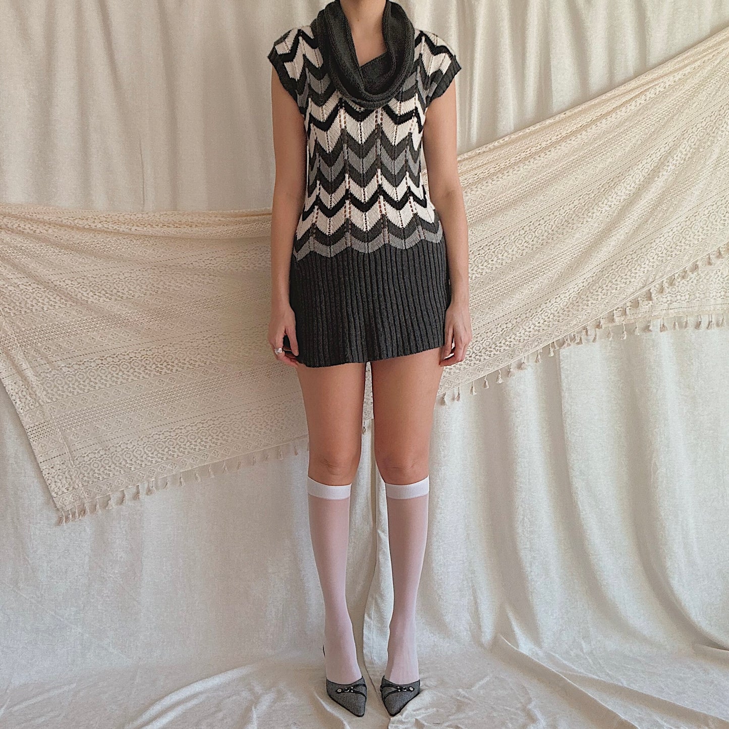 Y2K Grey & White Chevron Knit Sweater Dress / SZ M