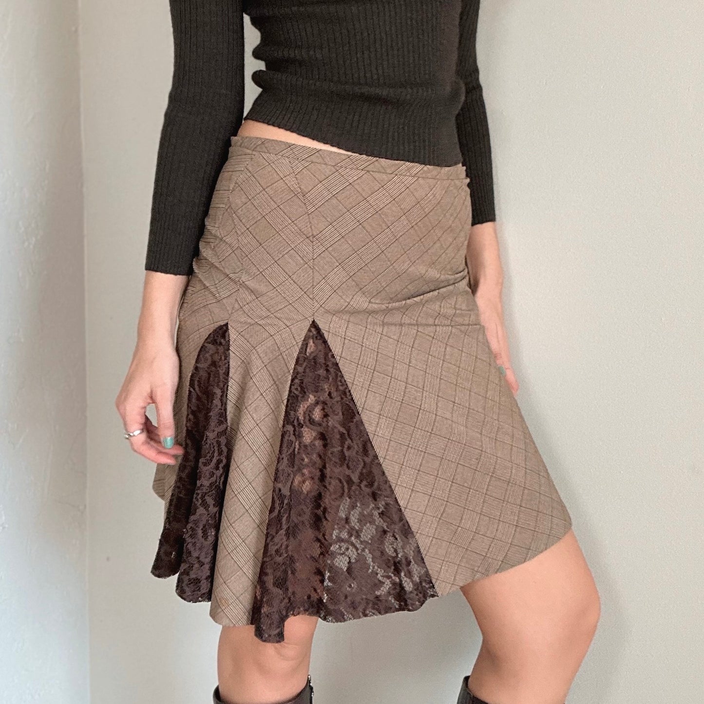 Y2K Bebe Brown Plaid Lace Midi Skirt / SZ XS