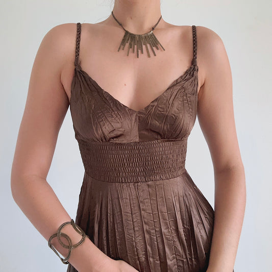 Y2K Brown Crinkle Pleat Midi Dress / SZ XS/S