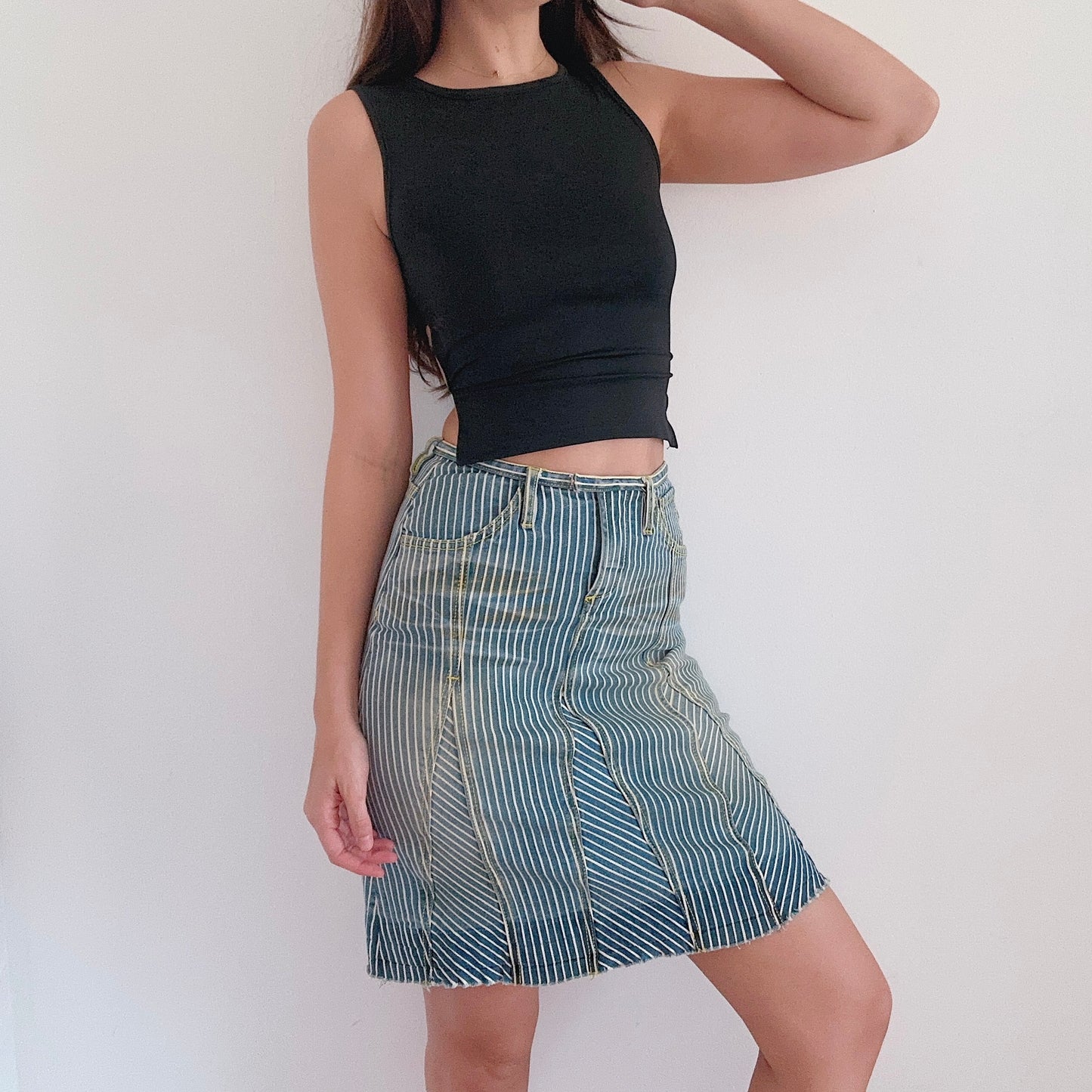 Y2K Bebe Denim Striped Midi Skirt / SZ 2