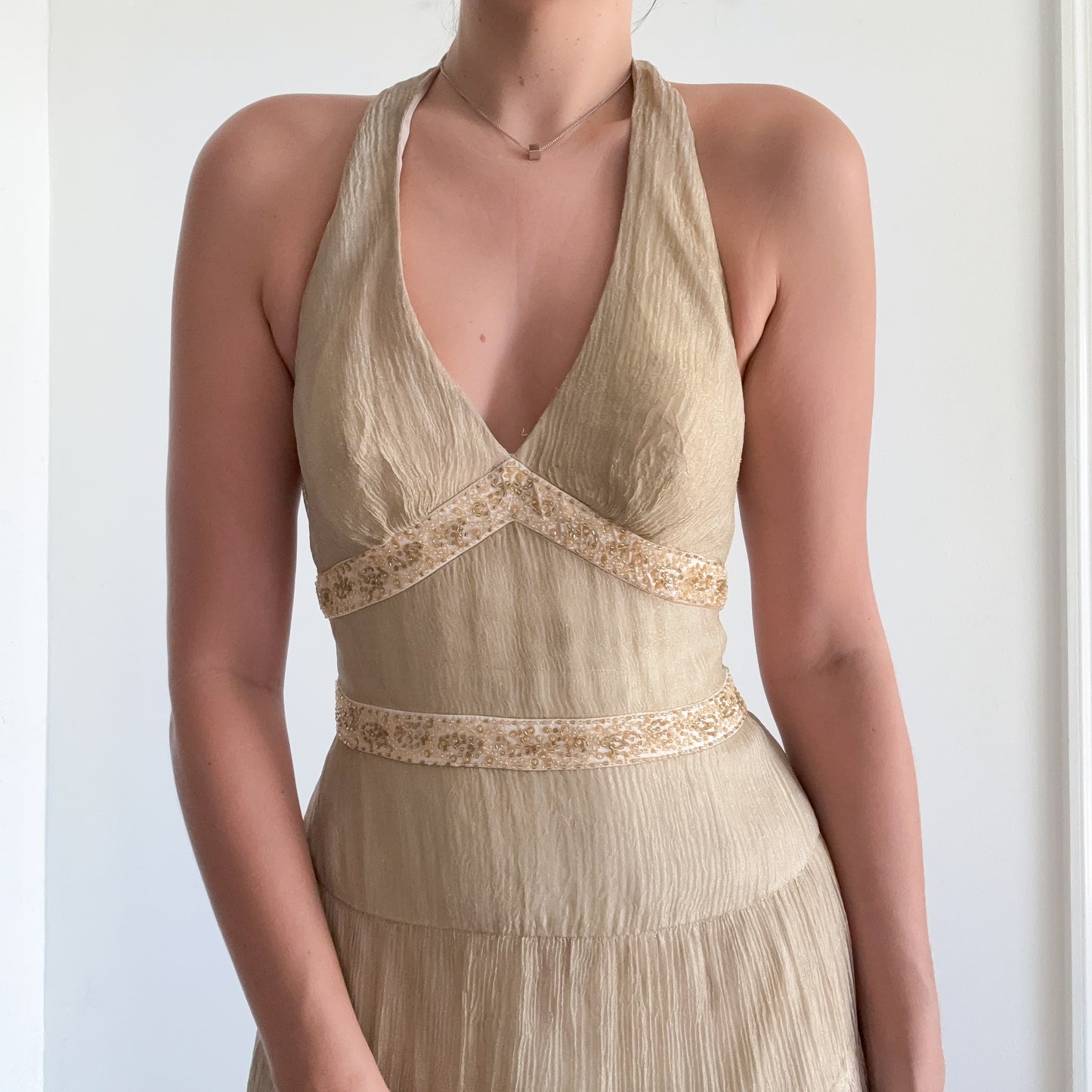Y2K Cache Gold Beaded Halter Midi Dress / SZ 4