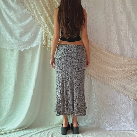 Y2K B&W Printed Rayon Maxi Skirt / SZ M/L