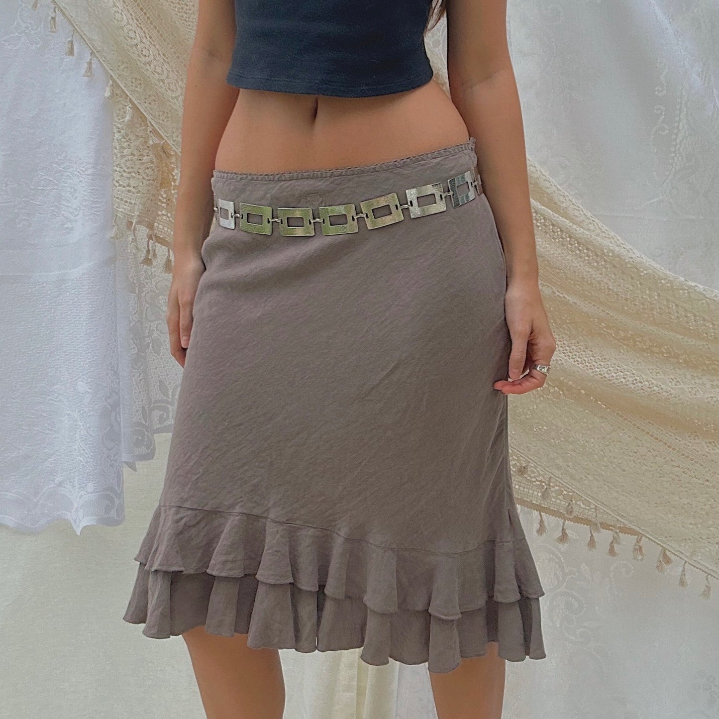 Y2K Dark Taupe Linen Midi Skirt / SZ M