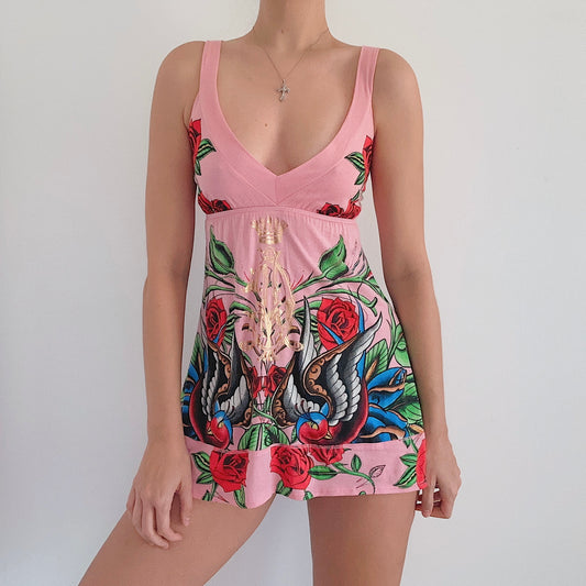 Y2K Christian Audigier Pink Printed Mini Dress / SZ S