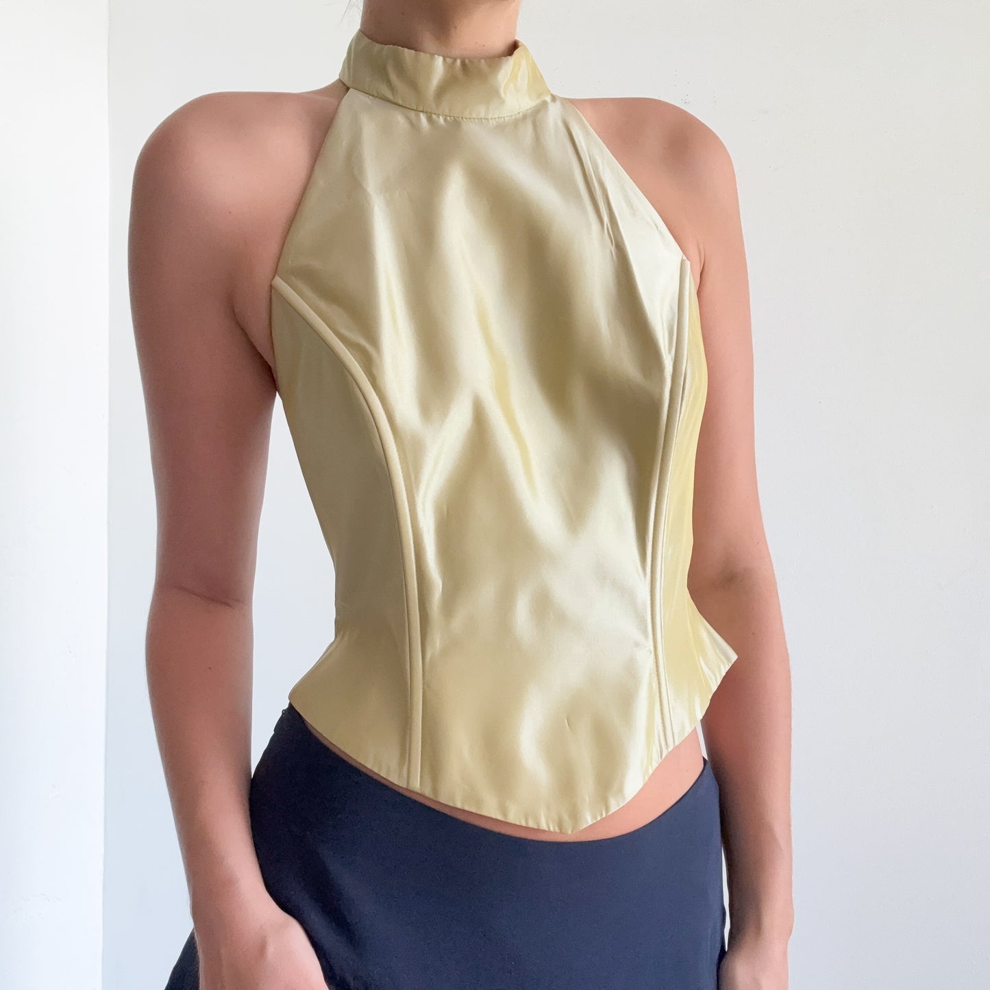 90's Tea Green Taffeta High Neck Top / SZ 8