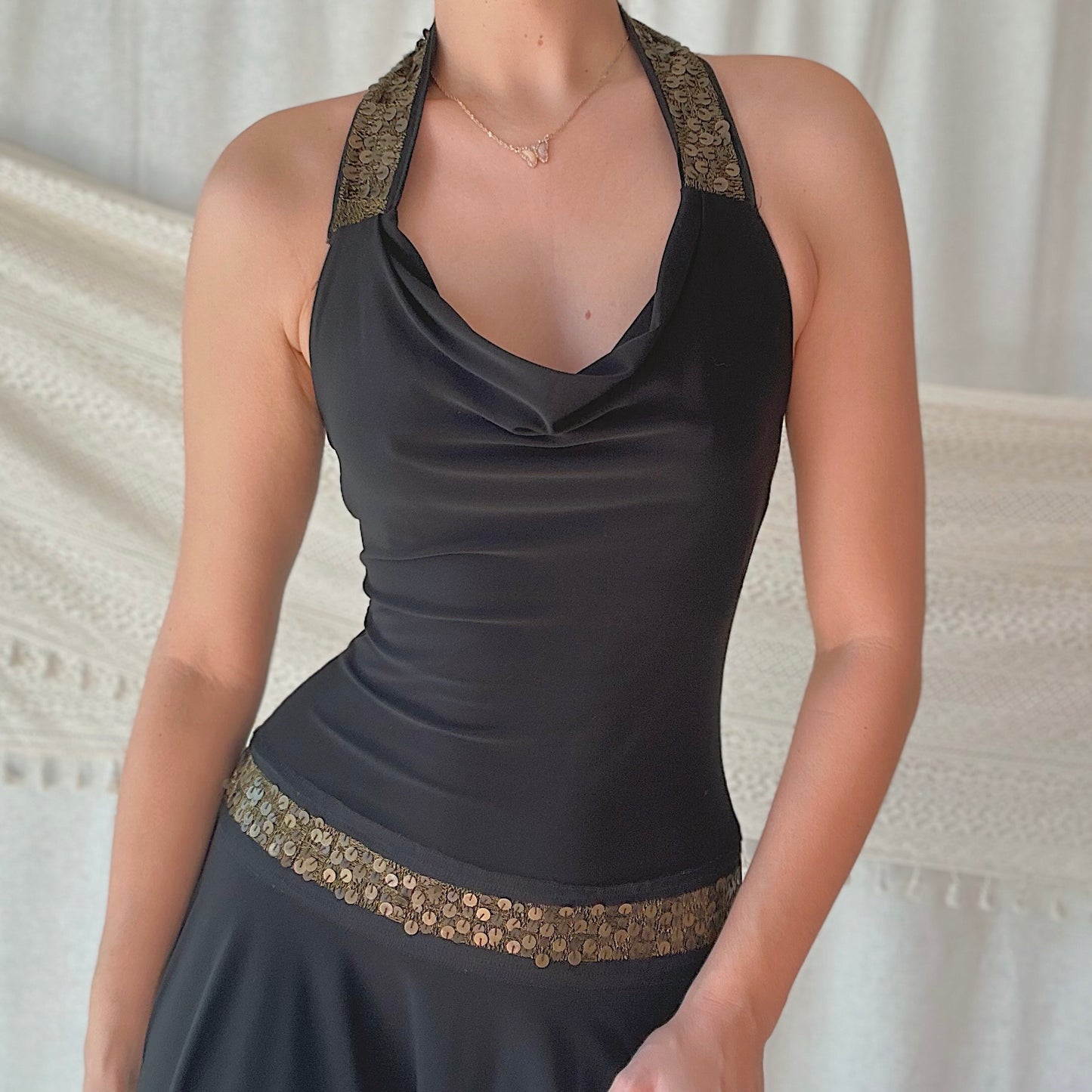 Y2K Black & Bronze Sequin Halter Dress / SZ S