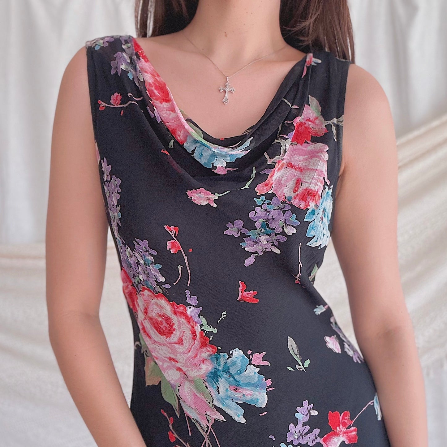 Y2K Black & Pink Floral Rayon Maxi Dress / SZ M