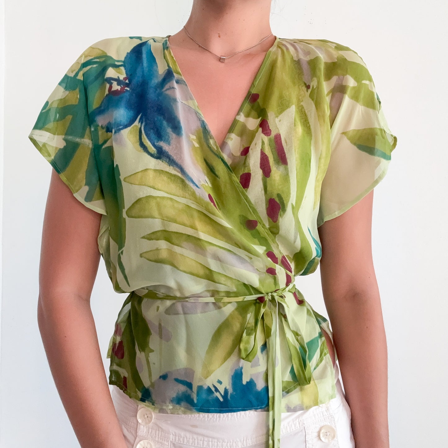 Y2K MaxMara Green Watercolor Silk Wrap Blouse / SZ 6