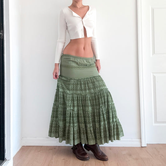 Y2K Fern Green Cotton Eyelet Maxi Skirt / SZ M