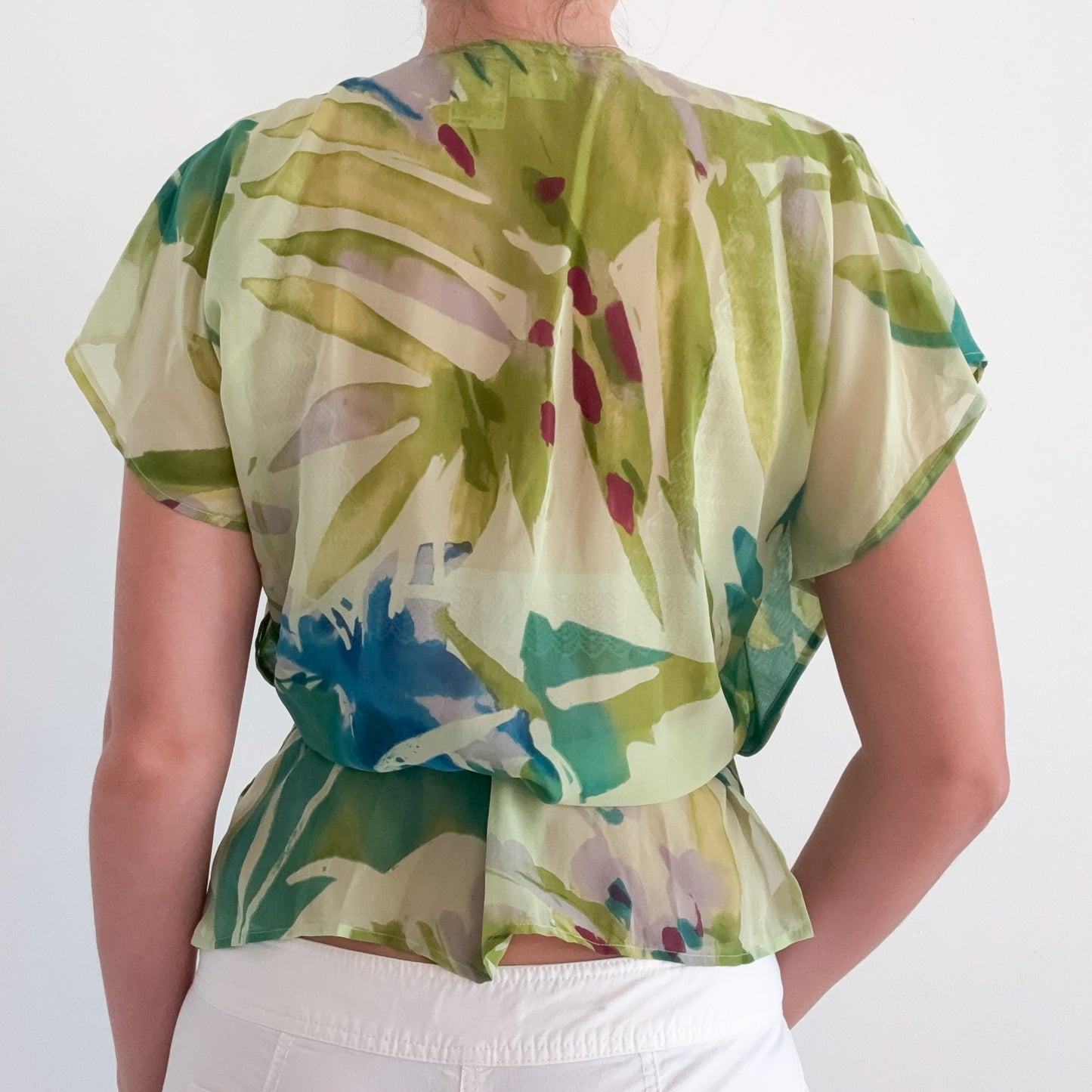 Y2K MaxMara Green Watercolor Silk Wrap Blouse / SZ 6