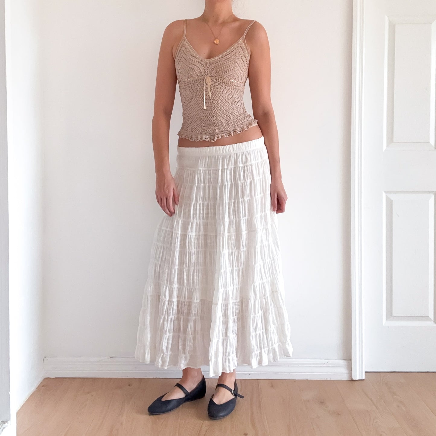 Y2K White Cotton Smocked Maxi Skirt / SZ M-L