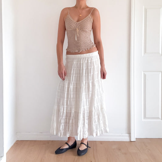 Y2K White Cotton Smocked Maxi Skirt / SZ M-L
