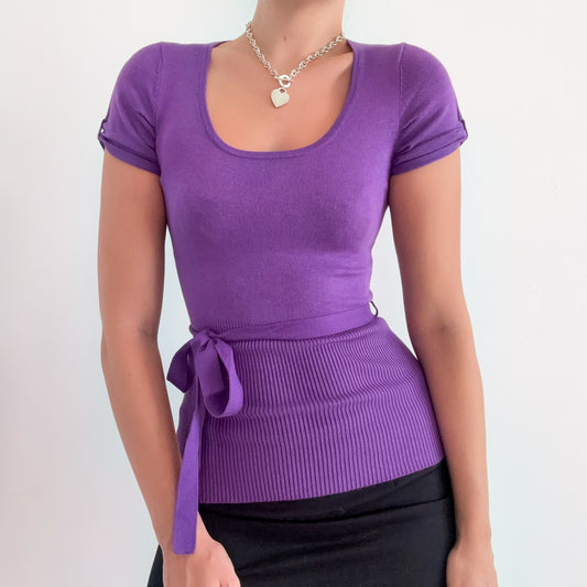Y2K Purple Knit Puff Sleeve Tie Top / SZ S