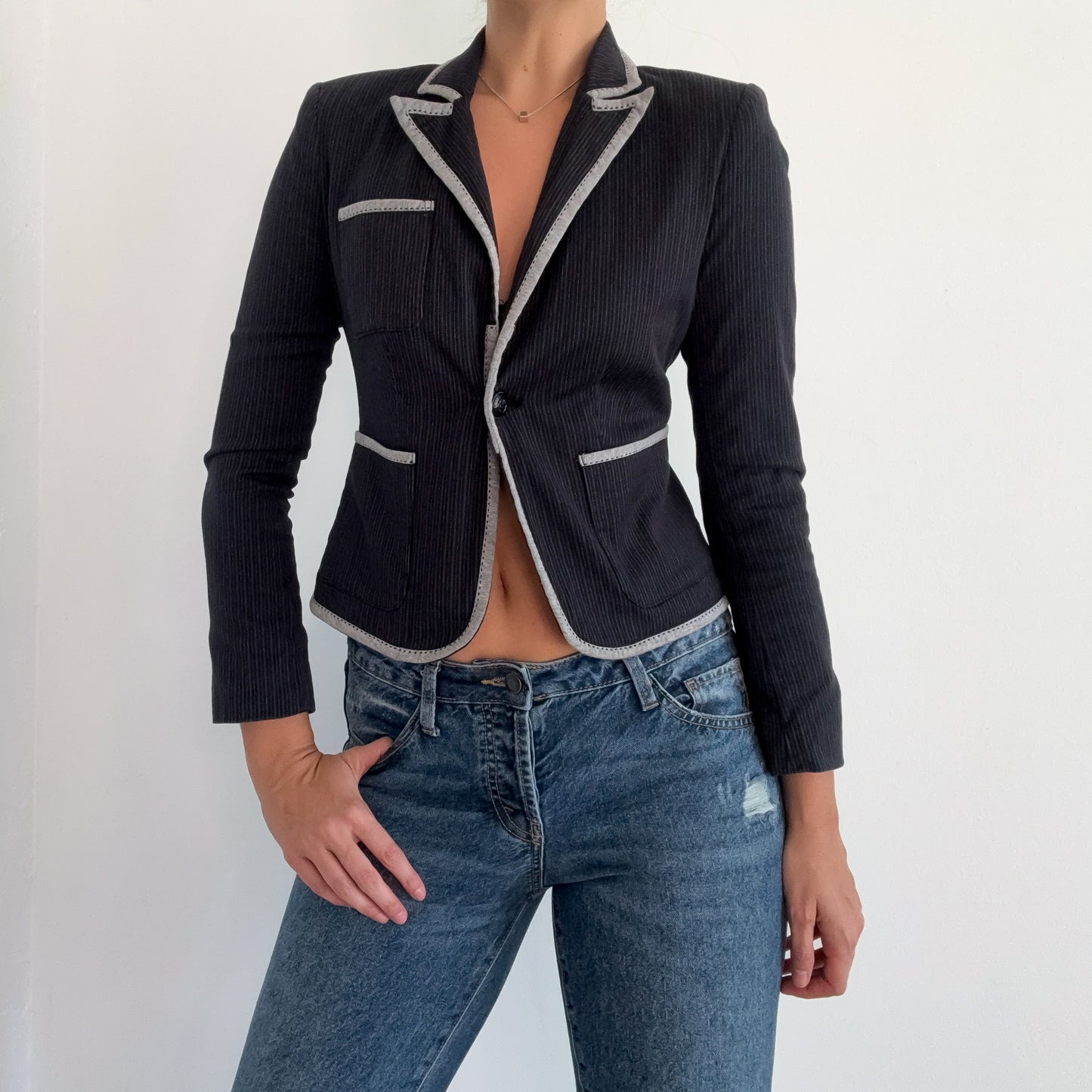 Y2K Black & Grey Pinstripe Cotton Blazer / SZ XS-S