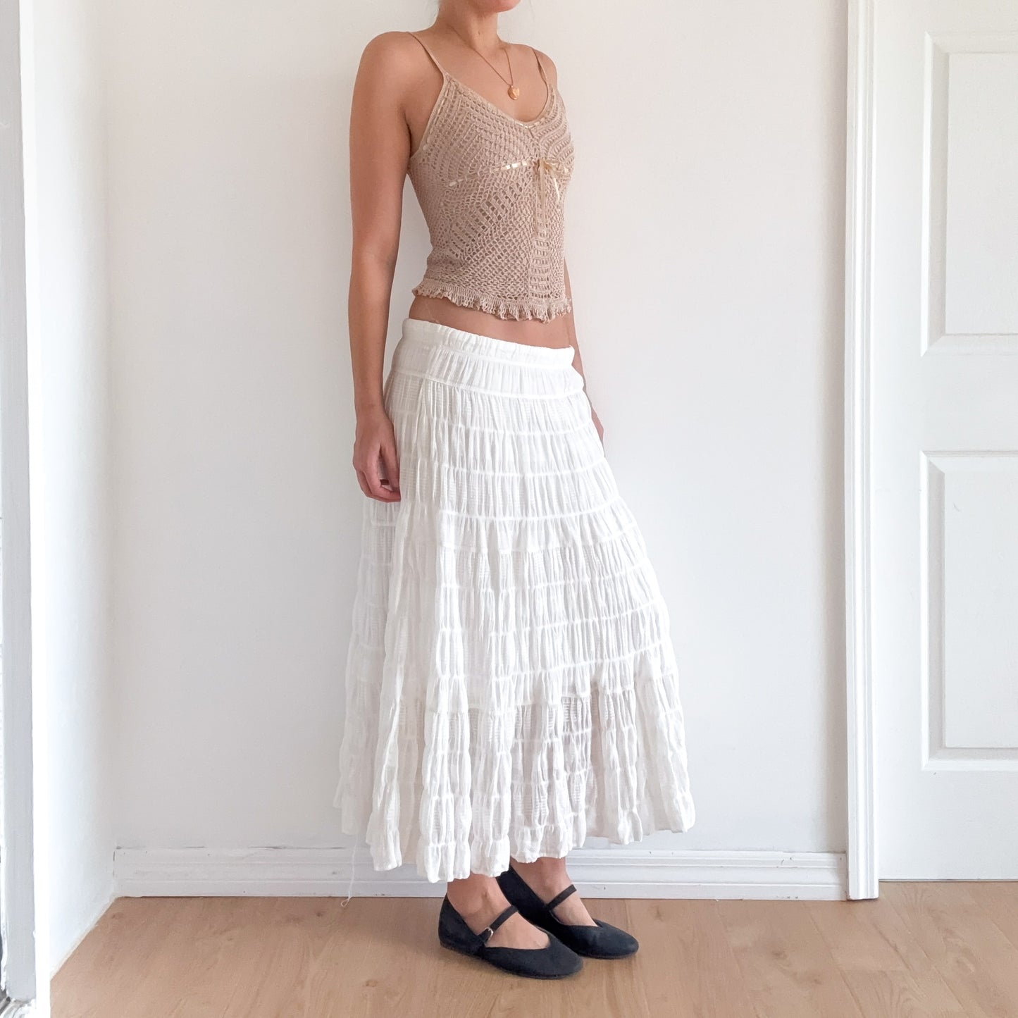 Y2K White Cotton Smocked Maxi Skirt / SZ M-L