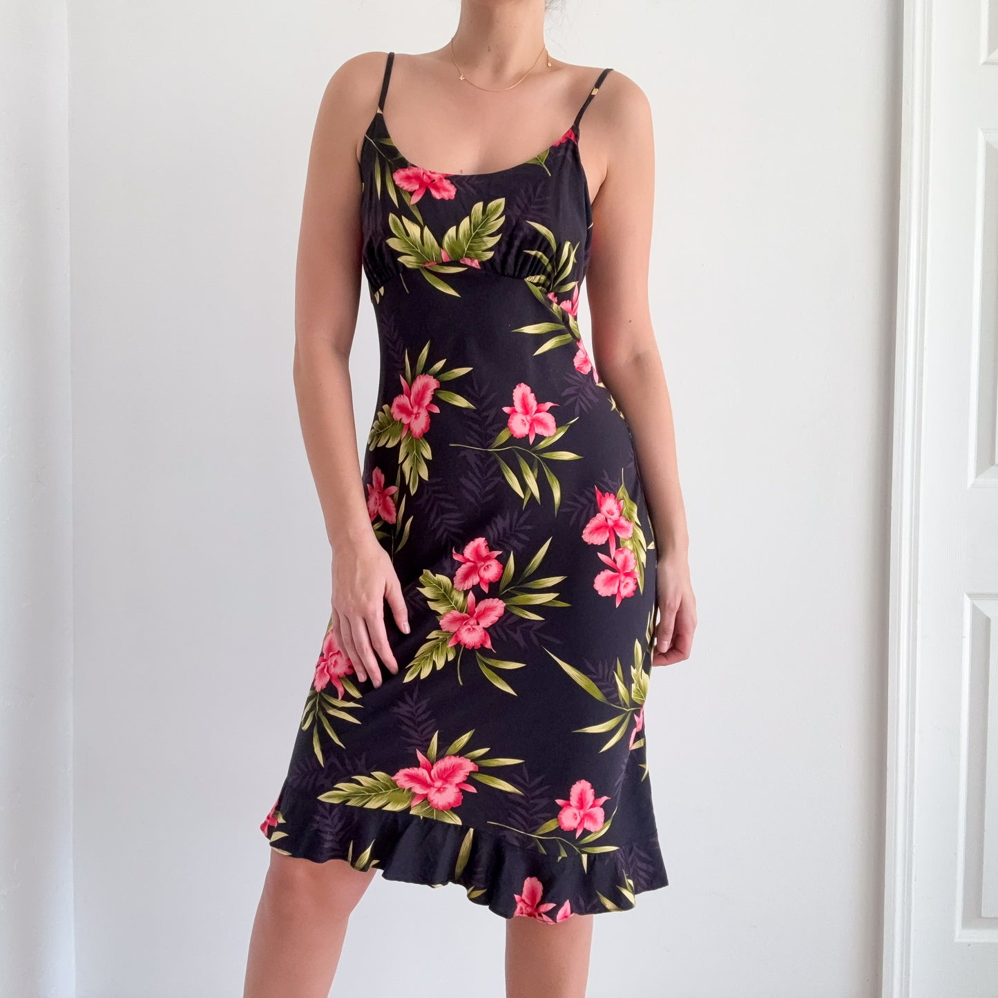 Y2K Dark Blue & Pink Tropical Midi Dress / SZ M