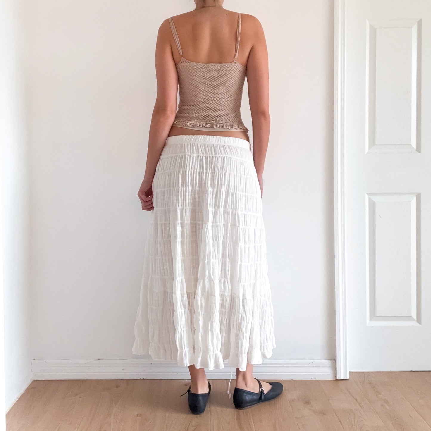 Y2K White Cotton Smocked Maxi Skirt / SZ M-L