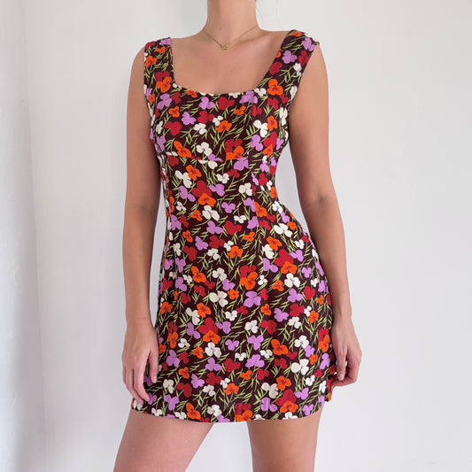90's Does 70's Brown Floral Mini Dress / SZ M