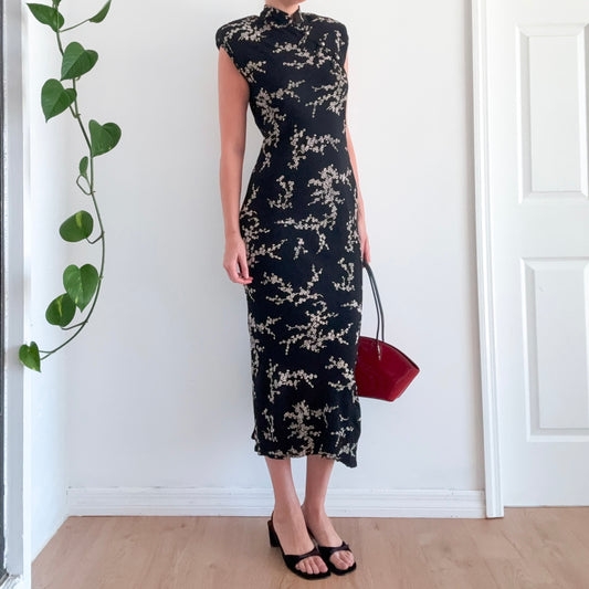 90's Black & Cream Floral Mandarin Collar Dress / SZ M