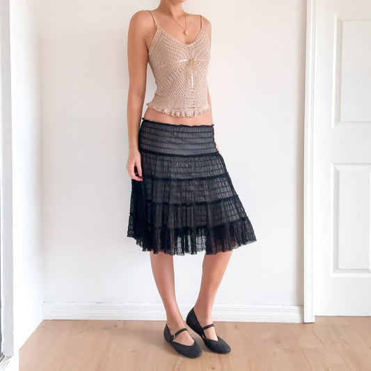 Y2K Black Mesh Smocked Midi Skirt / SZ M-L